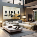 Quadro Decorativo Jornada com Silhuetas Elegantes | quadros decorativos | Cinco silhuetas em preto caminhando sobre manchas abstratas em bege e dourado | em Quadros para Escritorio | Porao dos Quadros