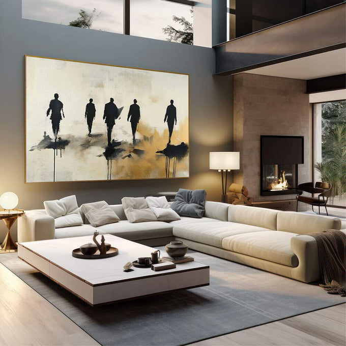 Quadro Decorativo Jornada com Silhuetas Elegantes | quadros decorativos | Cinco silhuetas em preto caminhando sobre manchas abstratas em bege e dourado | em Quadros para Escritorio | Porao dos Quadros