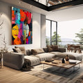 Quadro Decorativo Rostos em Cores | quadros decorativos | Múltiplos rostos abstratos em cores vibrantes, vermelho, laranja, azul e magenta em sobreposição | em Quadros para Escritorio | Porao dos Quadros