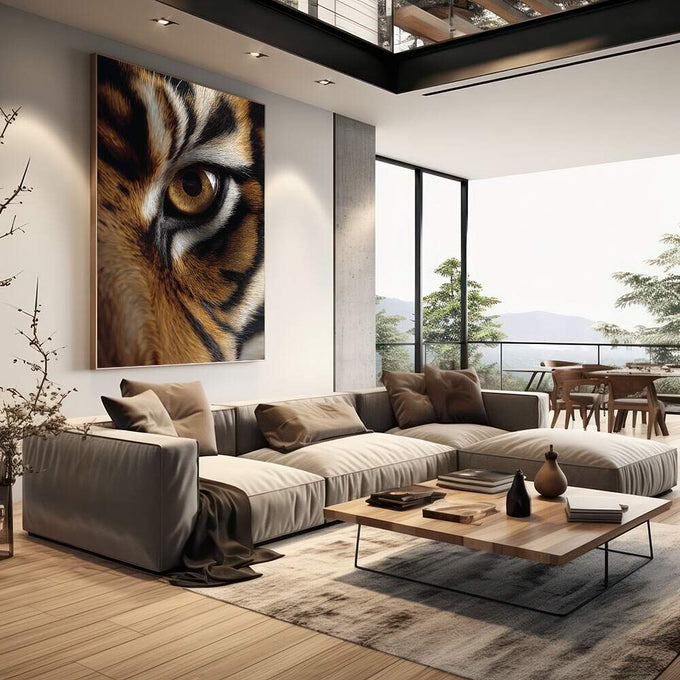 Quadro Decorativo Olhar de Tigre | quadros decorativos | Tigre com olho âmbar intenso em realismo expressivo com listras laranja, branco e marrom. | em Quadros para Escritorio | Porao dos Quadros