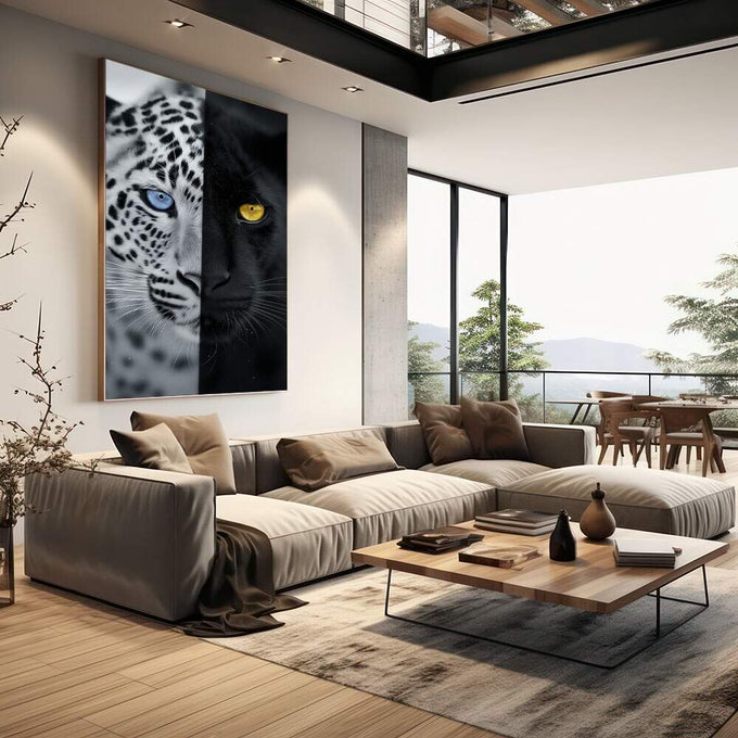 Quadro Decorativo Jaguar: Luz e Sombra | quadros decorativos | Leopardo branco com olhos azuis e pantera preta com olhos dourados em composição contrastante | em Quadros para Escritorio | Porao dos Quadros