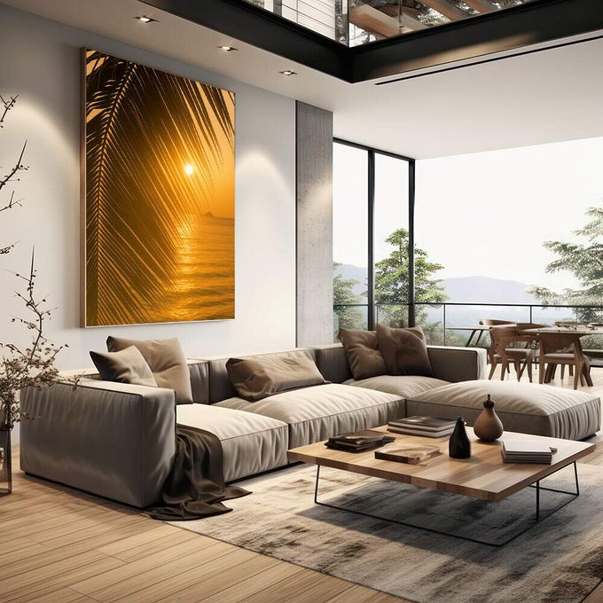 Quadro Decorativo Pôr do Sol Tropical | quadros decorativos | Pôr do sol dourado com silhueta de folhas de palma em tons quentes e contraste profundo. | em Quadros para Escritorio | Porao dos Quadros