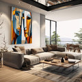 Quadro Decorativo Conexão Geométrica | quadros decorativos | Dois rostos abstratos fragmentados em blocos geométricos de azul, laranja, amarelo e bege em composição contemporânea. | em Quadros para Escritorio | Porao dos Quadros