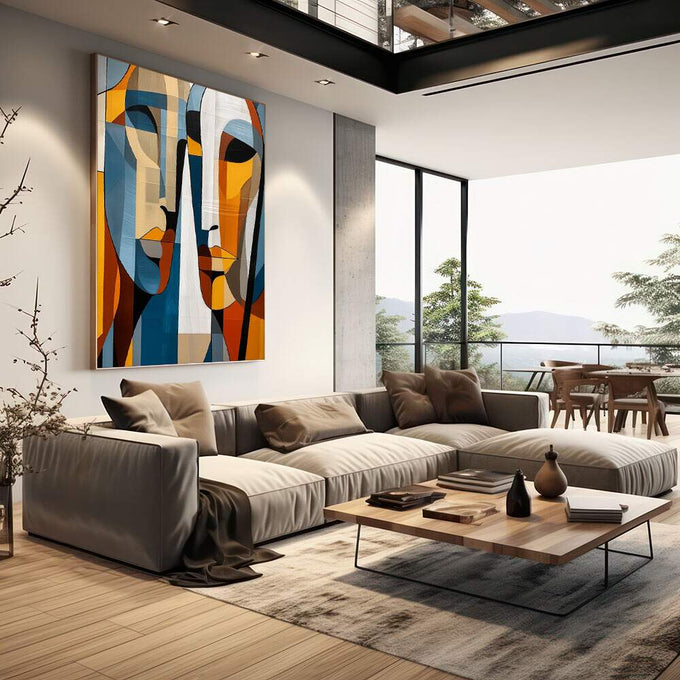 Quadro Decorativo Conexão Geométrica | quadros decorativos | Dois rostos abstratos fragmentados em blocos geométricos de azul, laranja, amarelo e bege em composição contemporânea. | em Quadros para Escritorio | Porao dos Quadros