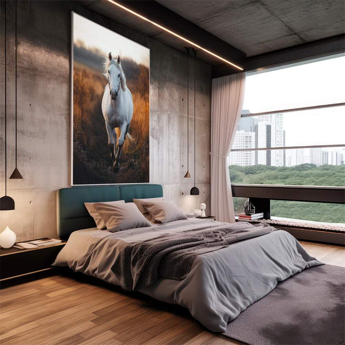 Quadro Decorativo Liberdade do Cavalo Branco | quadros decorativos | Cavalo branco em movimento em campo de tons quentes e dourados com composição fotográfica refinada | em Quadros para Escritorio | Porao dos Quadros