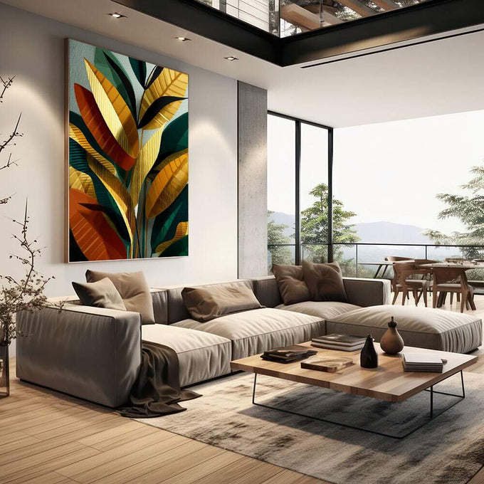 Quadro Decorativo Naturaleza: Arte Orgânica e Vibrante | quadros decorativos | Folhas tropicais estilizadas em amarelo, verde e dourado com composição moderna e dinâmica | em Quadros para Escritorio | Porao dos Quadros