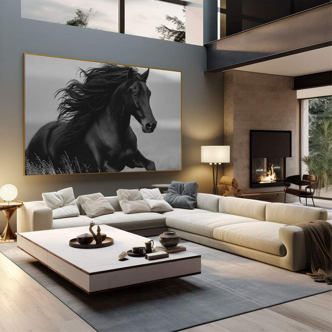 Quadro Decorativo Cavalo Negro em Movimento | quadros decorativos | Cavalo negro em galope com crina ao vento contra céu cinzento em preto e branco | em Quadros para Escritorio | Porao dos Quadros