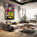 Quadro Decorativo Love é a Resposta | quadros decorativos | Mulher em preto e branco com cartaz amarelo 'Love is Answer' em fundo pop art colorido com magenta, azul e padrões abstratos. | em Quadros para Escritorio | Porao dos Quadros