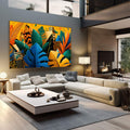 Quadro Decorativo Harmonia Urbana Vibrante | quadros decorativos | Folhas abstratas em azul, amarelo e laranja com elementos de arquitetura em composição vibrante vertical | em Quadros para Escritorio | Porao dos Quadros