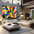 Quadro Decorativo Energizante Moderno | quadros decorativos | Composição geométrica abstrata com círculos, quadrados e padrões em cores primárias vibrantes. | em Quadros para Escritorio | Porao dos Quadros