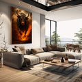 Quadro Decorativo Força do Touro Flamejante | quadros decorativos | Touro preto com chamas vermelhas e douradas, olhos brilhantes, emergindo do fogo em composição dramática | em Quadros para Escritorio | Porao dos Quadros