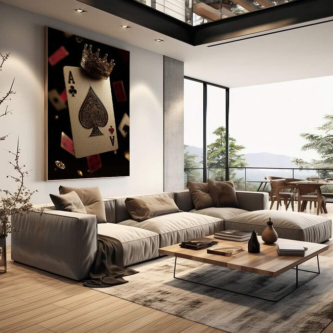 Quadro Decorativo Ás de Espadas Dourado | quadros decorativos | Ás de espadas dourado com coroa reluzente em fundo preto absoluto, contraste luxuoso. | em Quadros para Escritorio | Porao dos Quadros