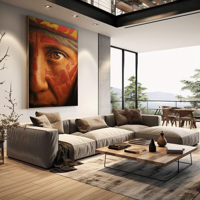 Quadro Decorativo - Rosto Ancestral Arte da Conexão Humana | quadros decorativos | Rosto com padrão geométrico em vermelho e dourado, fusão de figuração e abstração | em Quadros para Escritorio | Porao dos Quadros
