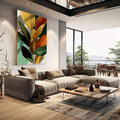 Quadro Decorativo Folhas Estilosas Natureza Moderna | quadros decorativos | Folhagem tropical com folhas em tons dourados, vermelhos e verdes em composição botânica elegante | em Quadros para Escritorio | Porao dos Quadros