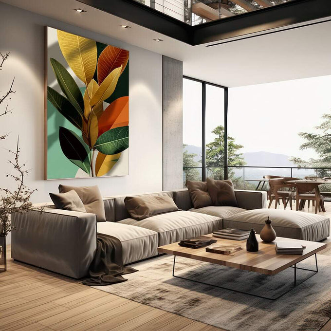 Quadro Decorativo Folhas Estilosas Natureza Moderna | quadros decorativos | Folhagem tropical com folhas em tons dourados, vermelhos e verdes em composição botânica elegante | em Quadros para Escritorio | Porao dos Quadros