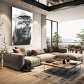 Quadro Decorativo Leão e Natureza | quadros decorativos | Leão em preto e branco com silhueta de árvore em dupla exposição artística | em Quadros para Escritorio | Porao dos Quadros