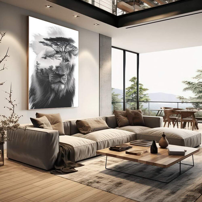 Quadro Decorativo Leão e Natureza | quadros decorativos | Leão em preto e branco com silhueta de árvore em dupla exposição artística | em Quadros para Escritorio | Porao dos Quadros