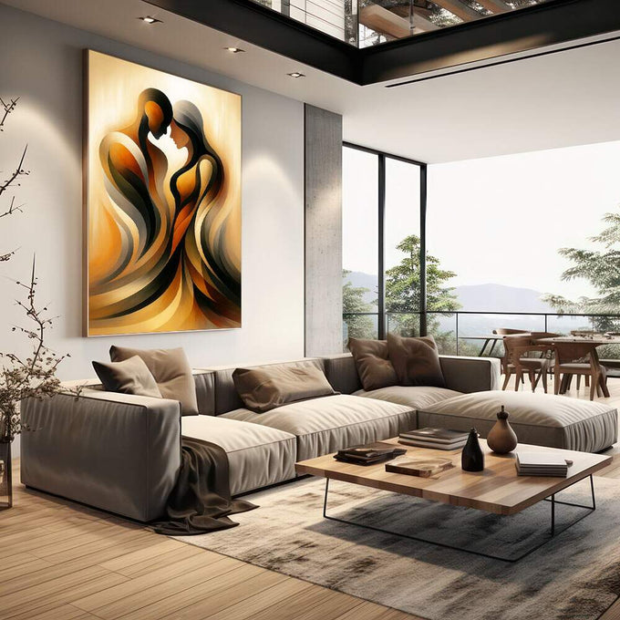 Quadro Decorativo Conexão Abstrata em Cores | quadros decorativos | Figuras abstratas em tons dourados e pretos com camadas fluidas e movimento visual | em Quadros para Escritorio | Porao dos Quadros