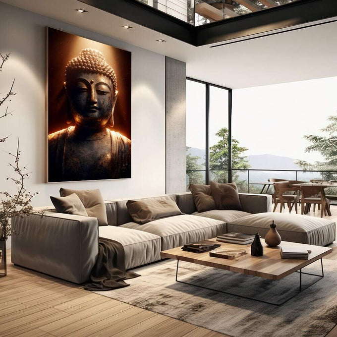 Quadro Decorativo Buda Sereno e Elegante | quadros decorativos | Buda meditando com auréola dourada brilhante e luz mística ao fundo em tons escuros | em Quadros para Escritorio | Porao dos Quadros