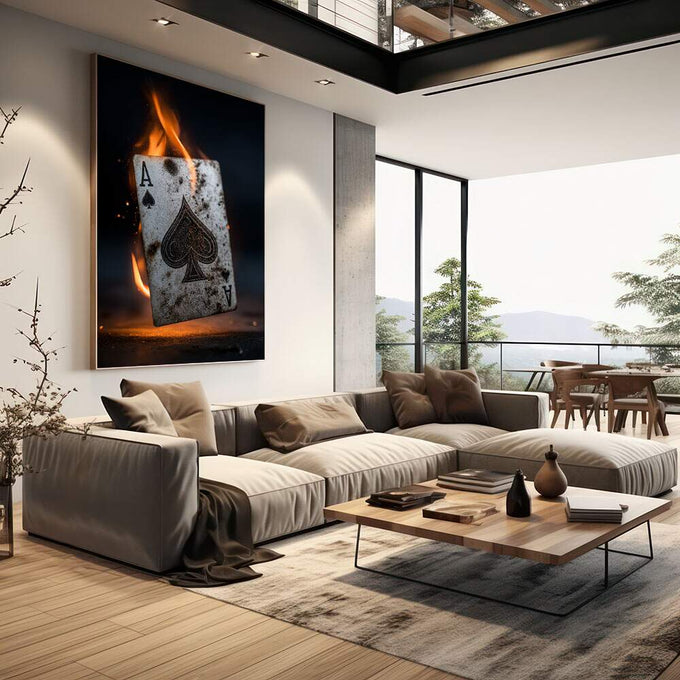 Quadro Decorativo Ás de Espadas Dramático | quadros decorativos | Ás de espadas em chamas laranja vibrantes com cinzas brancas sobre fundo preto. | em Quadros para Escritorio | Porao dos Quadros