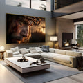 Rosto de Jesus Cristo em close com coroa de espinhos e cruzes ao fundo em tons marrom, quadro decorativo