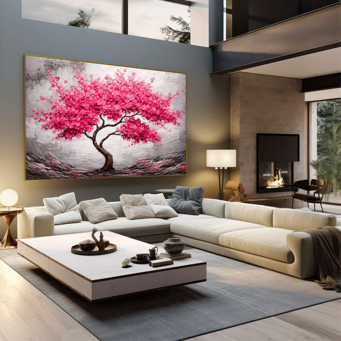 Quadro Decorativo Árvore da Esperança | quadros decorativos | Árvore com galhos retorcidos e flores rosa em explosão contra céu cinzento e solo árido | em Quadros para Escritorio | Porao dos Quadros