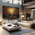 Quadro Decorativo Árvore da Vida | quadros decorativos | Árvore dourada com flores laranja em fundo azul e cenário citadino | em Quadros para Escritorio | Porao dos Quadros