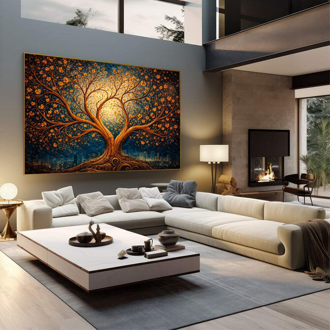 Quadro Decorativo Árvore da Vida | quadros decorativos | Árvore dourada com flores laranja em fundo azul e cenário citadino | em Quadros para Escritorio | Porao dos Quadros