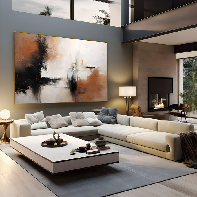 Pintura abstrata texturizada em branco, terracota e preto com pinceladas marcantes, quadro decorativo