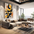 Quadro Decorativo Abstrato Energizante | quadros decorativos | Composição abstrata com círculos e formas geométricas em amarelo, preto e branco com textura dinâmica | em Quadros para Escritorio | Porao dos Quadros