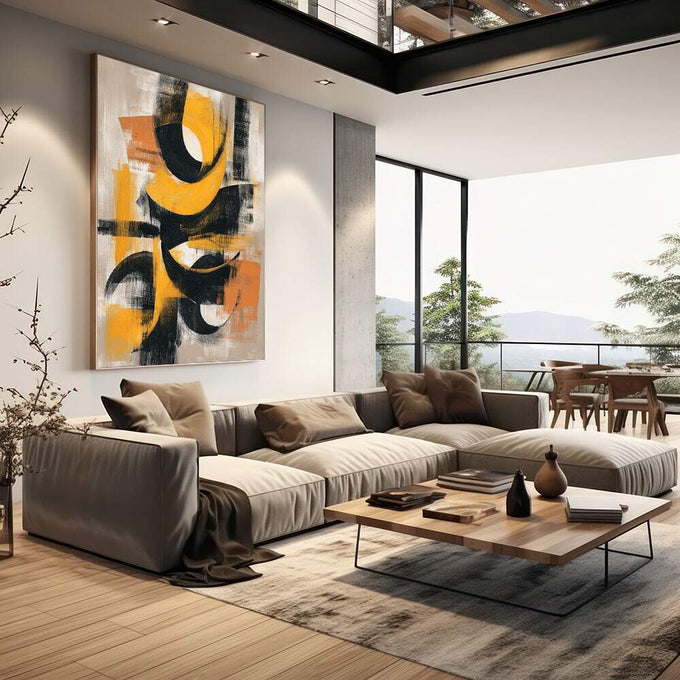 Quadro Decorativo Abstrato Energizante | quadros decorativos | Composição abstrata com círculos e formas geométricas em amarelo, preto e branco com textura dinâmica | em Quadros para Escritorio | Porao dos Quadros