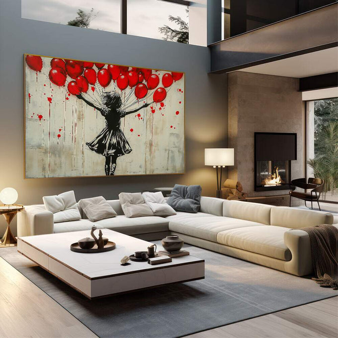 Quadro Decorativo Alegria com Balões Coloridos | quadros decorativos | Menina em silhueta preta com braços abertos segurando balões vermelhos em fundo branco desgastado | em Quadros para Escritorio | Porao dos Quadros