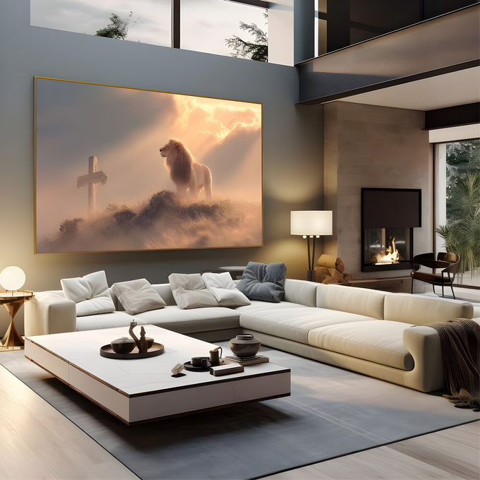 Leão de Judá sobre colina olhando uma cruz de madeira sob luz dourada entre nuvens, quadro decorativo