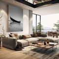 Quadro Decorativo Barco Serenity | quadros decorativos | Barco preto solitário em águas rasas com areia e pedras em composição minimalista preto e branco. | em Quadros para Escritorio | Porao dos Quadros