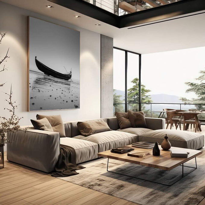 Quadro Decorativo Barco Serenity | quadros decorativos | Barco preto solitário em águas rasas com areia e pedras em composição minimalista preto e branco. | em Quadros para Escritorio | Porao dos Quadros