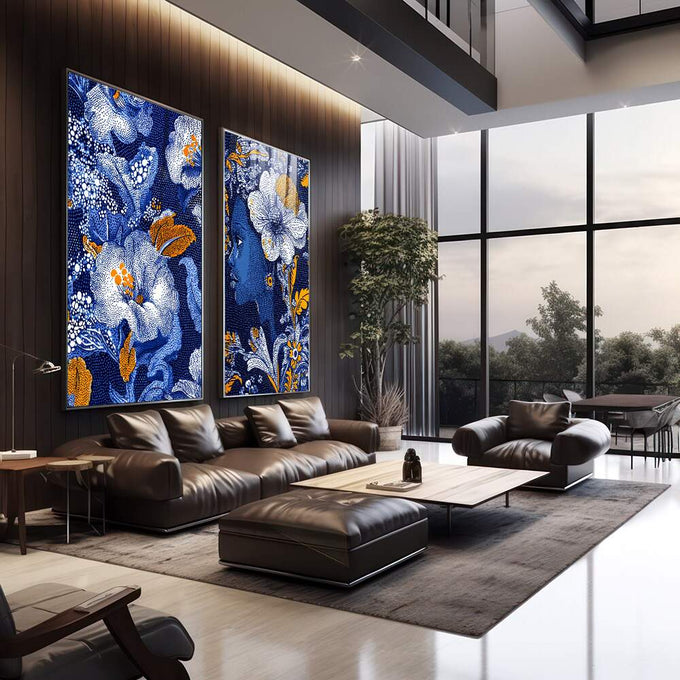 Quadro Decorativo Feminino Flores & Serenidade | quadros decorativos | Flores brancas e douradas em composição delicada sobre fundo azul marinho estrelado. | em Quadros para Escritorio | Porao dos Quadros