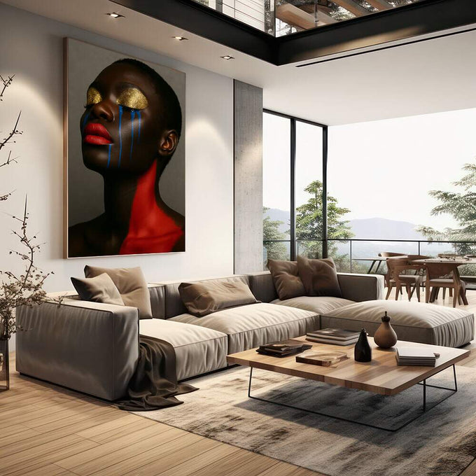 Quadro Decorativo Retrato da Resistência | quadros decorativos | Retrato feminino com pele escura, ouro nos olhos, lágrimas azuis e boca vermelha em composição artística. | em Quadros para Escritorio | Porao dos Quadros