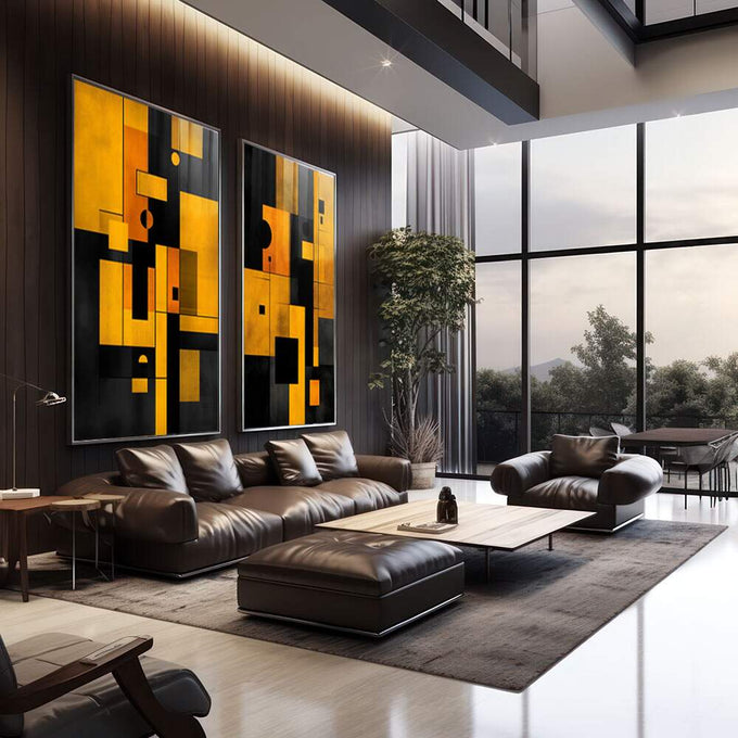 Quadro Decorativo Geométrico Preto e Amarelo | quadros decorativos | Composição geométrica abstrata com formas retangulares em amarelo ouro e preto com movimento dinâmico | em Quadros para Escritorio | Porao dos Quadros