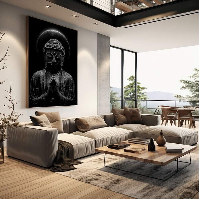 Quadro Decorativo Buda Sereno | quadros decorativos | Buda em meditação preto e branco com halo luminoso em composição contemplativa vertical | em Quadros para Escritorio | Porao dos Quadros
