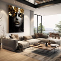 Quadro Decorativo - Rosto de Ouro | quadros decorativos | Rosto feminino em preto e branco com flores douradas e pétalas em composição luxuosa. | em Quadros para Escritorio | Porao dos Quadros