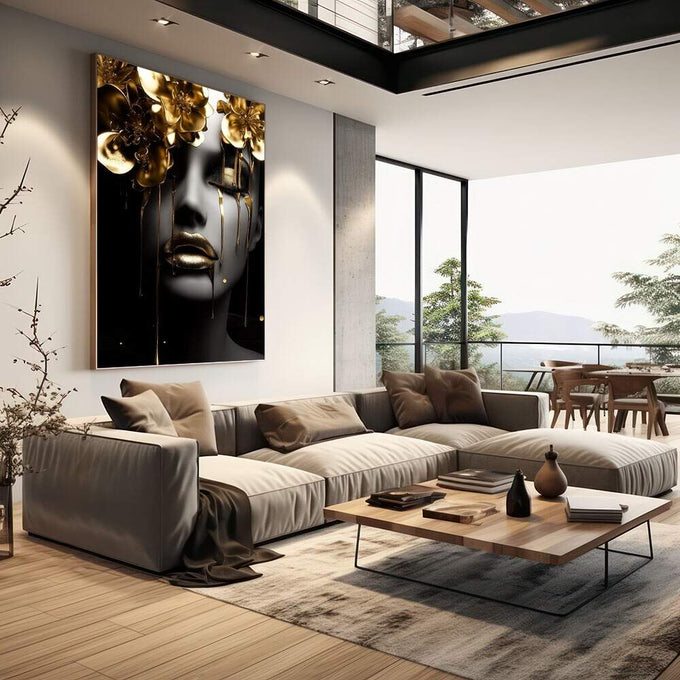 Quadro Decorativo - Rosto de Ouro | quadros decorativos | Rosto feminino em preto e branco com flores douradas e pétalas em composição luxuosa. | em Quadros para Escritorio | Porao dos Quadros