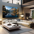 Quadro Decorativo Paisagem Sereno Montanhoso | quadros decorativos | Lago de montanha com reflexos dourados e vegetação em primeiro plano ao amanhecer | em Quadros para Escritorio | Porao dos Quadros