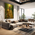 Quadro Decorativo Orixá Logunedé: Luz e Equilíbrio | quadros decorativos | Figura em ouro com coroa em floresta verde profunda, composição realista e majestosa | em Quadros para Escritorio | Porao dos Quadros