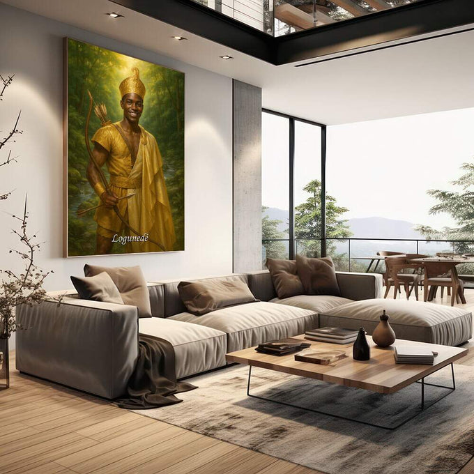 Quadro Decorativo Orixá Logunedé: Luz e Equilíbrio | quadros decorativos | Figura em ouro com coroa em floresta verde profunda, composição realista e majestosa | em Quadros para Escritorio | Porao dos Quadros