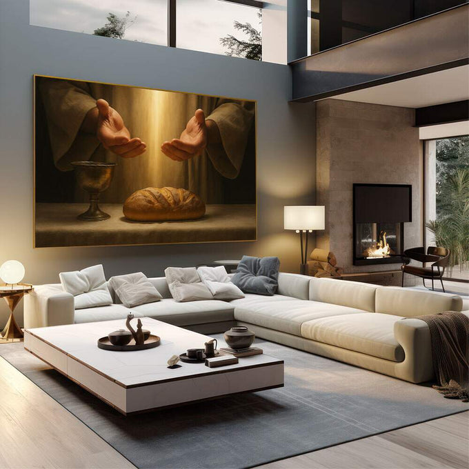Quadro Decorativo Mãos da Abundância | quadros decorativos | Duas mãos abertas em devoção ao redor de um pão dourado com luz quente ao fundo. | em Quadros para Escritorio | Porao dos Quadros
