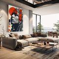 Quadro Decorativo Indígena Moderno | quadros decorativos | Retrato indígena em preto e branco com sobreposição de formas geométricas vermelhas e círculos. | em Quadros para Escritorio | Porao dos Quadros