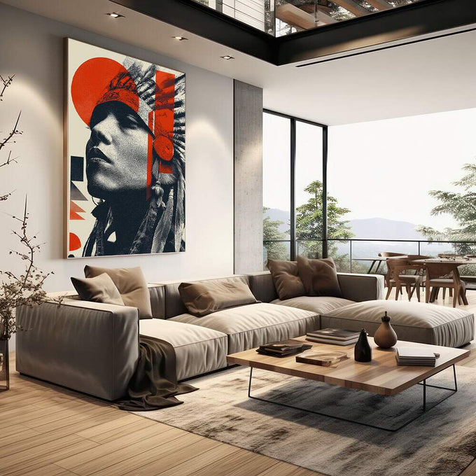 Quadro Decorativo Indígena Moderno | quadros decorativos | Retrato indígena em preto e branco com sobreposição de formas geométricas vermelhas e círculos. | em Quadros para Escritorio | Porao dos Quadros