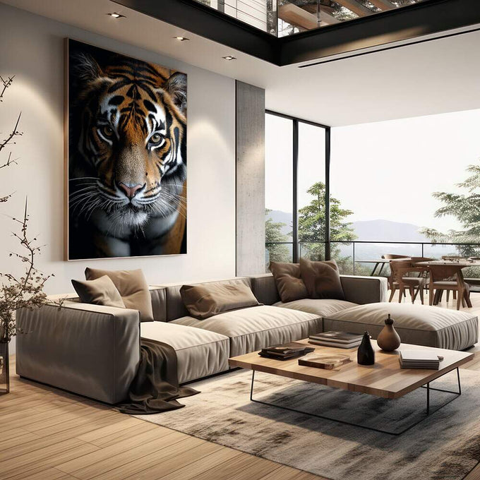 Quadro Decorativo Tigre Majestoso | quadros decorativos | Tigre majestoso em preto e dourado com olhos verdes vibrantes hipnotizantes | em Quadros para Escritorio | Porao dos Quadros