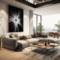 Quadro Decorativo Avião em Cidade Moderna | quadros decorativos | Avião em voo entre edifícios altos em perspectiva com luz radiante em preto e branco puro. | em Quadros para Escritorio | Porao dos Quadros