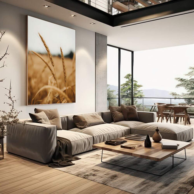 Quadro Decorativo Serenidade Natural | quadros decorativos | Espiguetas de trigo douradas em primeiro plano com campo desfocado em tons quentes | em Quadros para Escritorio | Porao dos Quadros